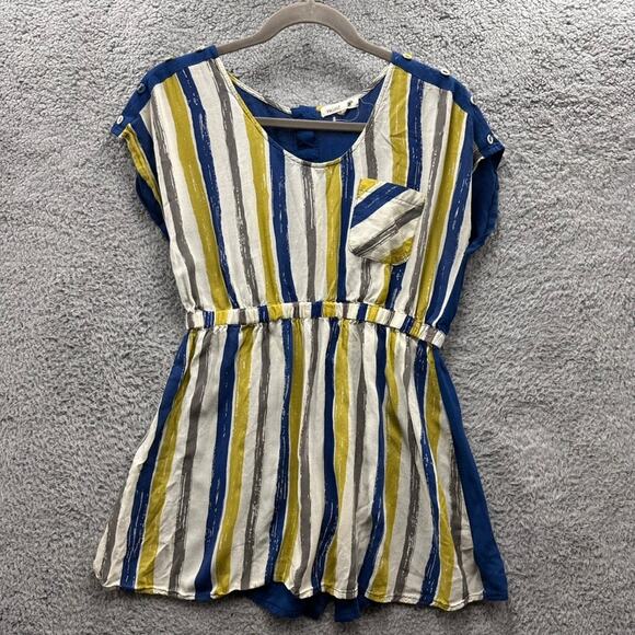 Mine NWOT‎ Women's Large Blue Yellow Tunic Short Sleeve Top Elastic Waist - Picture 1 of 8